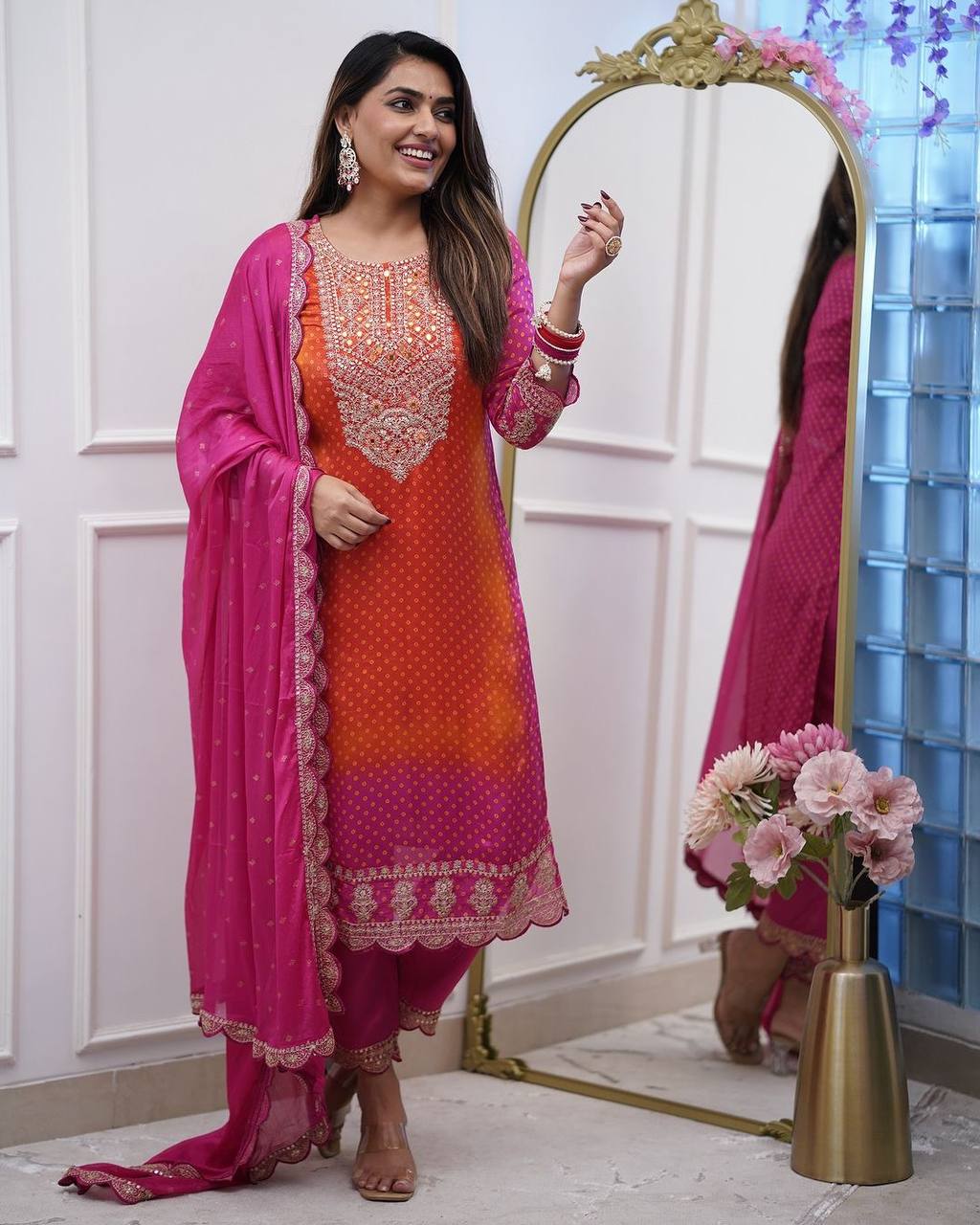 Orange Pink Pure Chinon Silk Embroidered Ceremonial Salwar Suit By WTW