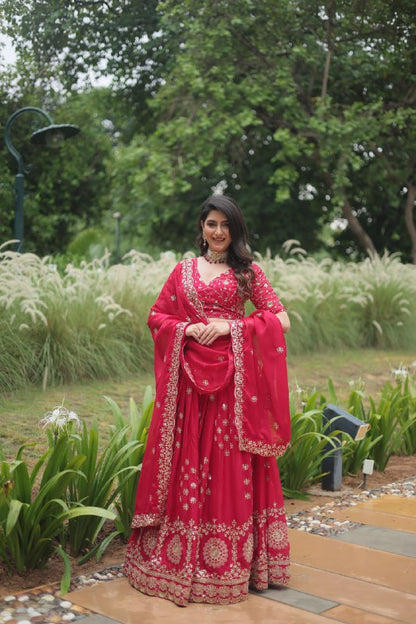 Cherry Red Silk Sequins Embroidered Lehenga By WTW