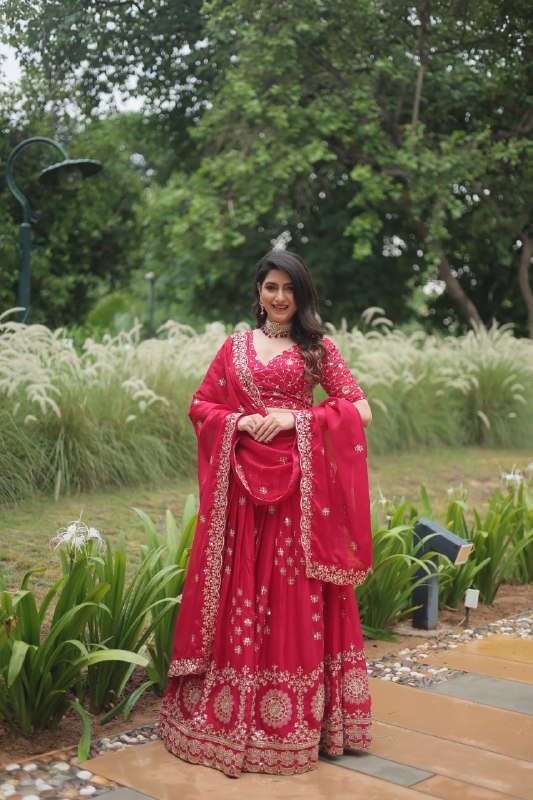 Cherry Red Silk Sequins Embroidered Lehenga By WTW