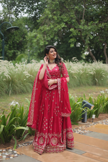 Cherry Red Silk Sequins Embroidered Lehenga By WTW