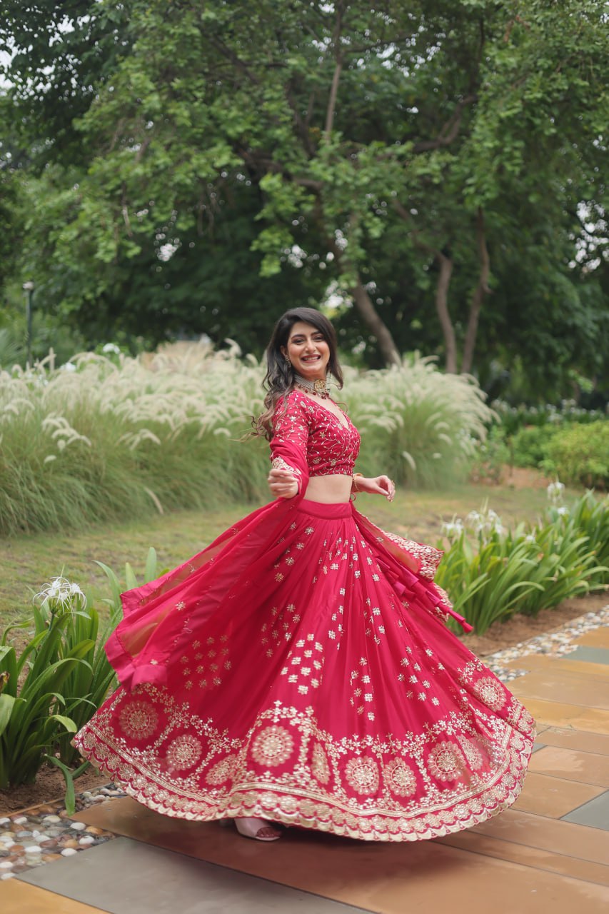 Cherry Red Silk Sequins Embroidered Lehenga By WTW