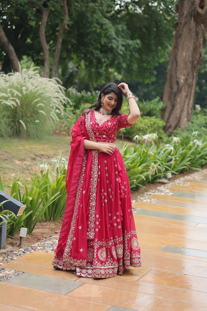 Cherry Red Silk Sequins Embroidered Lehenga By WTW