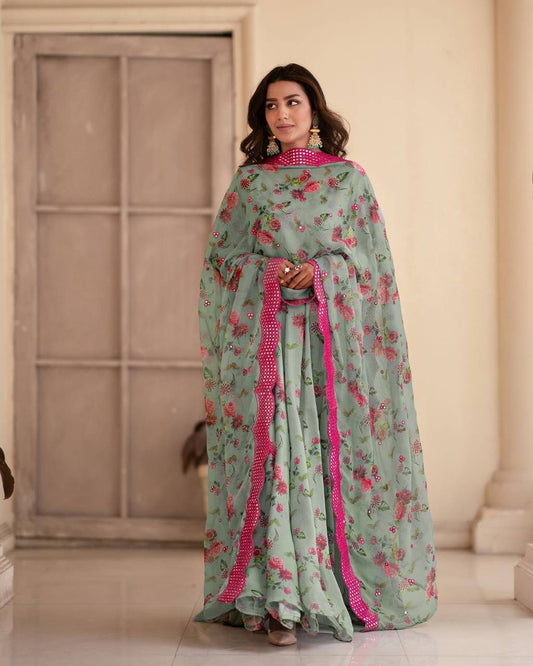 Unique Flower Print Chinon Pista Long Gown With Dupatta By WTW