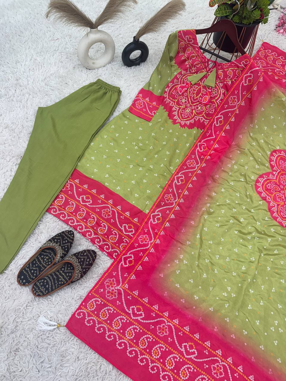 Olive Green Chinon Silk Digital Printed Kurti With Pant By WTW