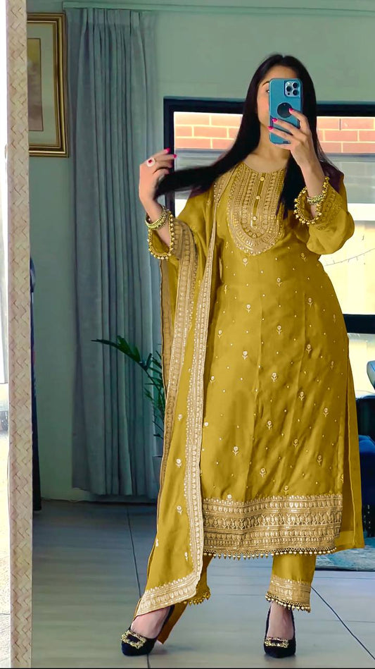Superb Yellow Color Chinnon Silk Embroidery Salwar Suit By WTW