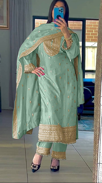 Superb Blue Color Chinnon Silk Embroidery Salwar Suit By WTW