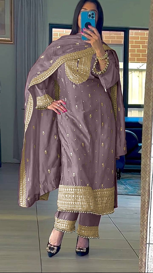 Superb Purple Color Chinnon Silk Embroidery Salwar Suit By WTW