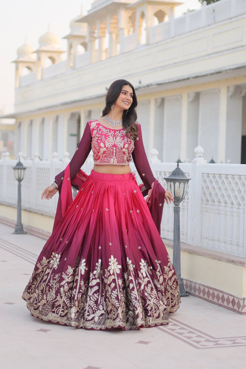 Surprising Pink Embroidered Chinon Wedding Lehenga Choli By WTW