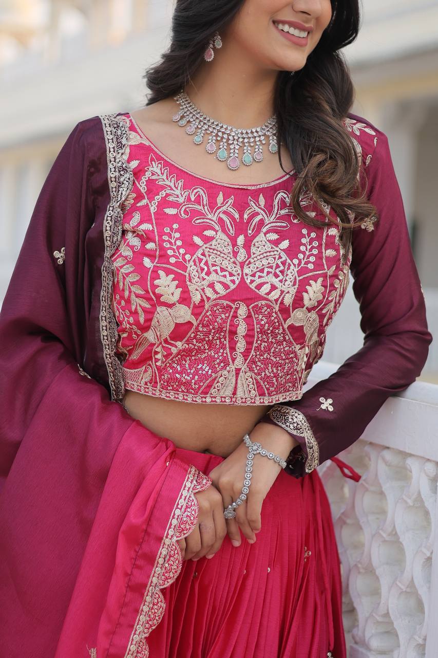 Surprising Pink Embroidered Chinon Wedding Lehenga Choli By WTW