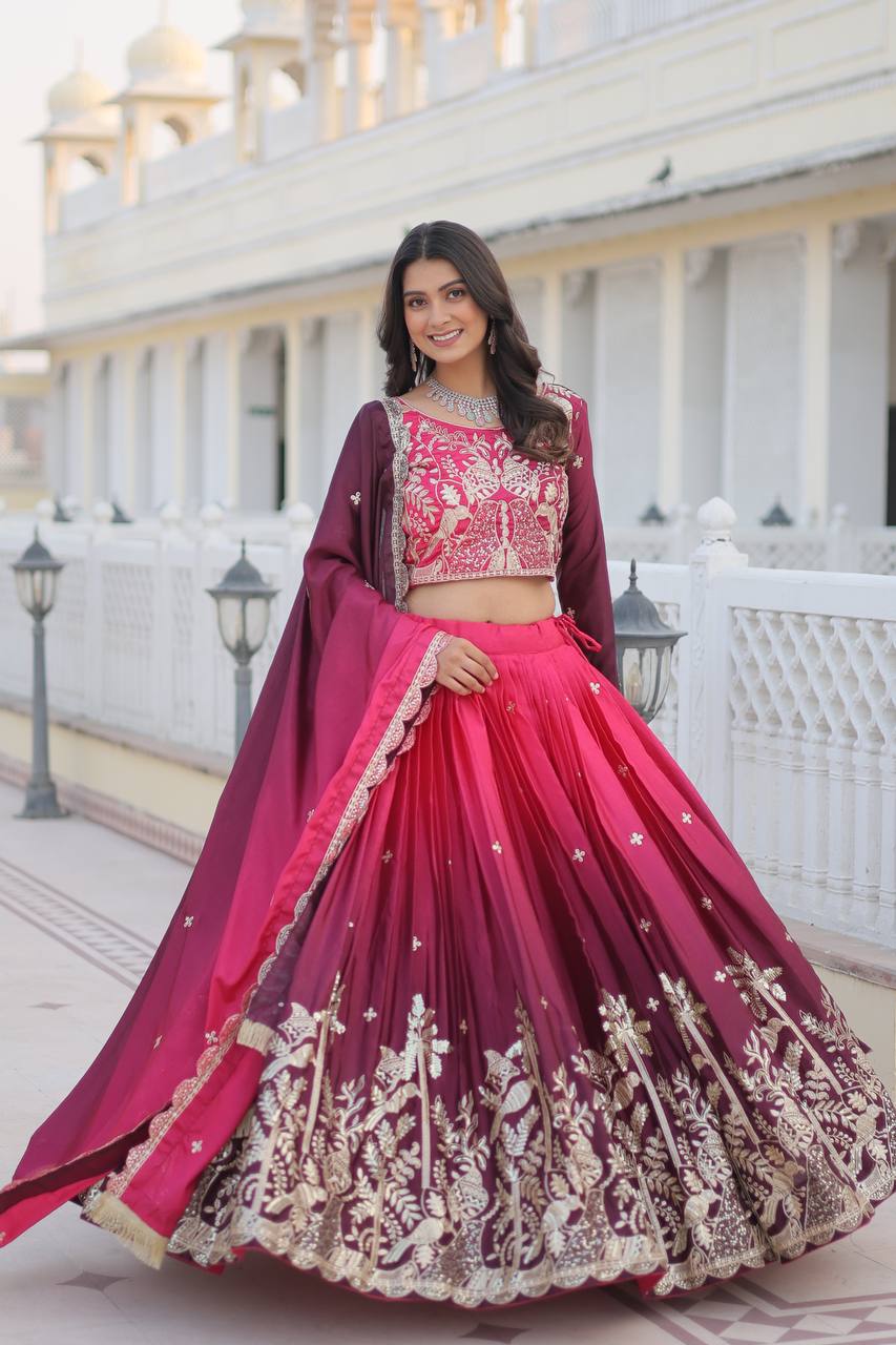 Surprising Pink Embroidered Chinon Wedding Lehenga Choli By WTW