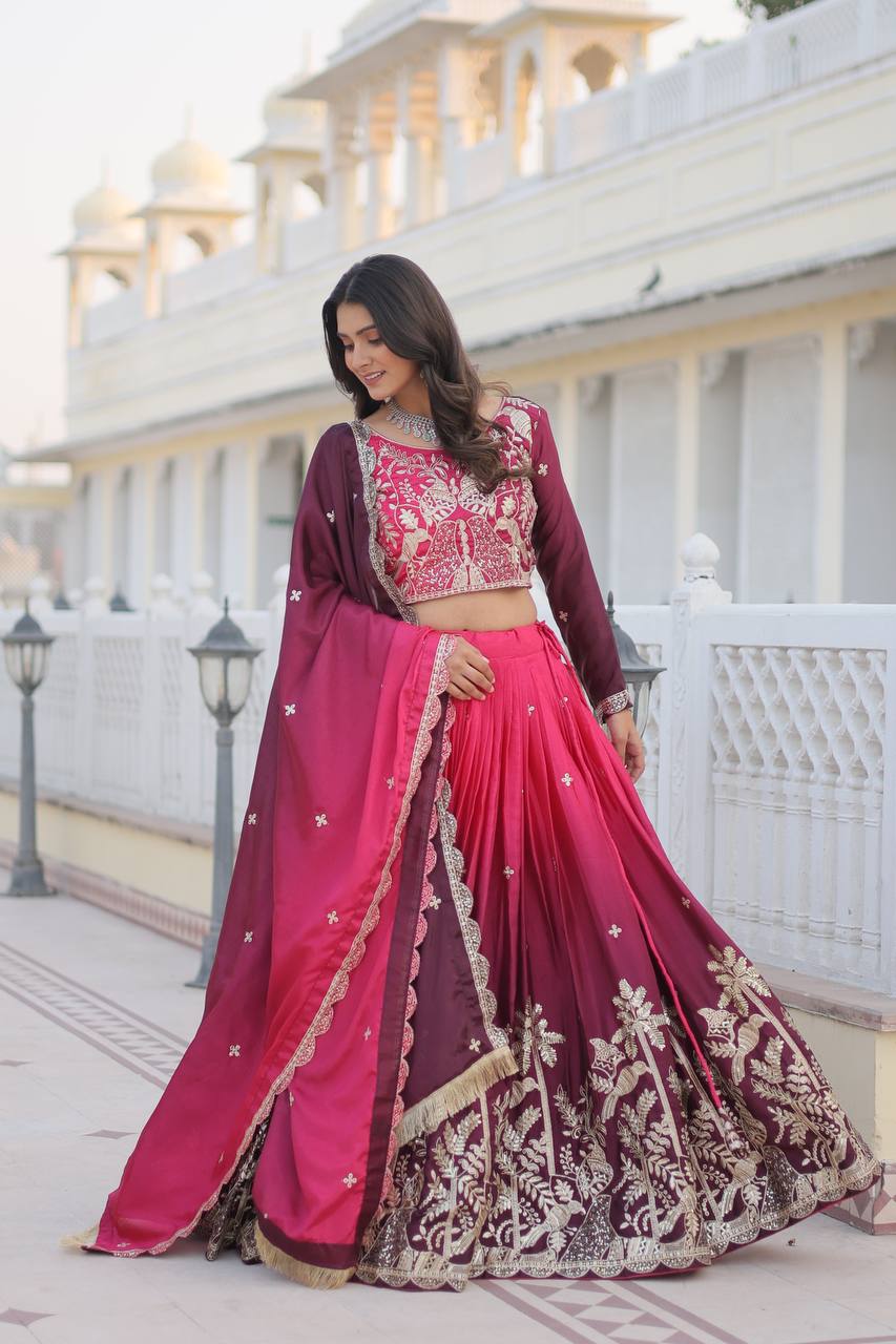 Surprising Pink Embroidered Chinon Wedding Lehenga Choli By WTW