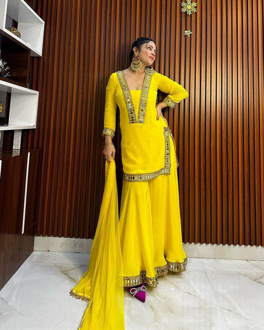 Beautiful Yellow Faux Georgette With Thread Real Mirror Work Top Plazzo Dupatta Set By WTW