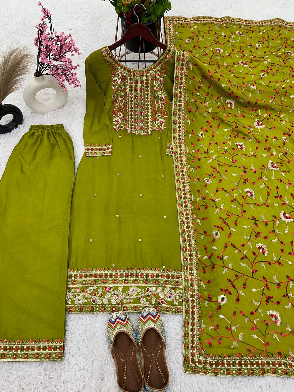 Parrot Indian Designer Salwar Suit With Sequence Embroidery Work And Dupatta By WTW