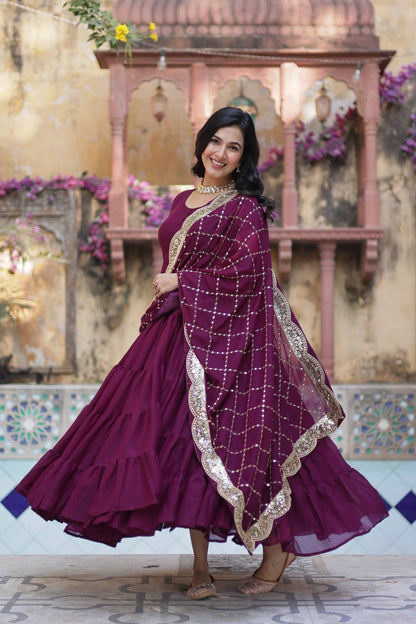 Aarushi Wine Georgette Embroidered Flared Anarkali Gown Set By WTW