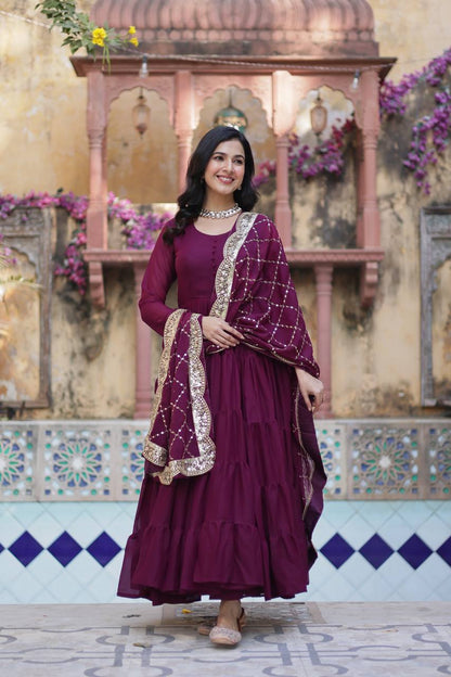 Aarushi Wine Georgette Embroidered Flared Anarkali Gown Set By WTW