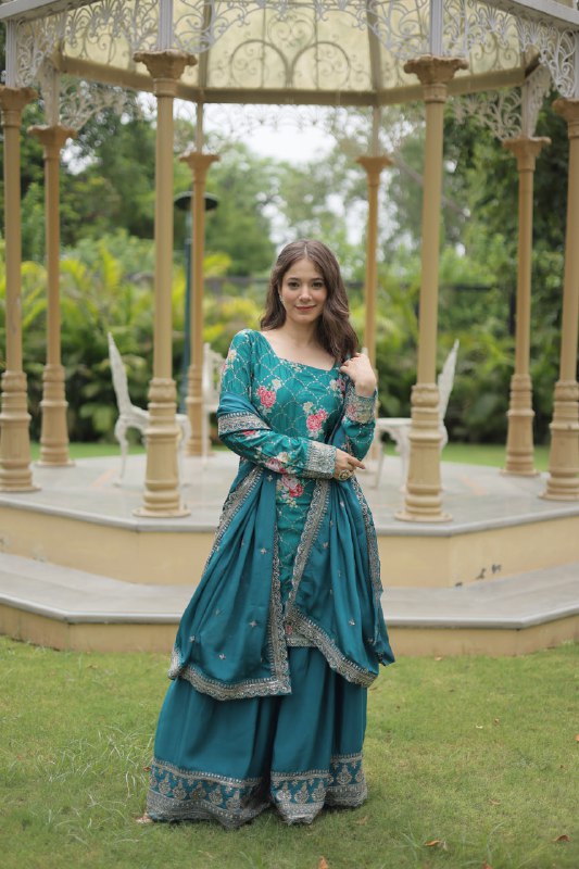 Rocking Teal Blue Sequins Chinon Event Wear Palazzo Suit With Dupatta By WTW