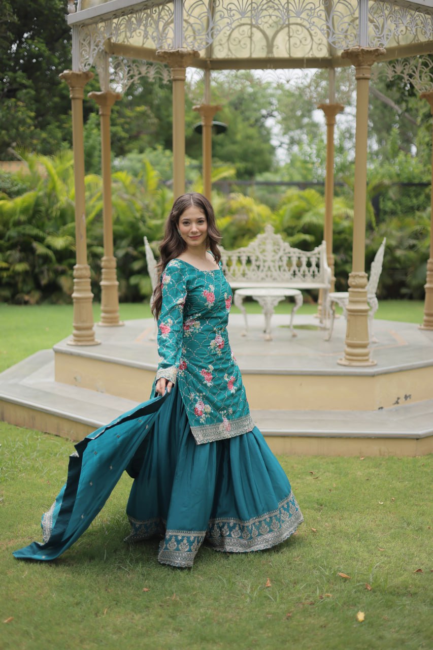 Rocking Teal Blue Sequins Chinon Event Wear Palazzo Suit With Dupatta By WTW