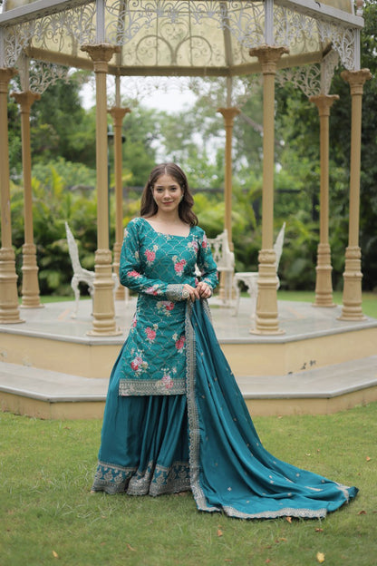 Rocking Teal Blue Sequins Chinon Event Wear Palazzo Suit With Dupatta By WTW