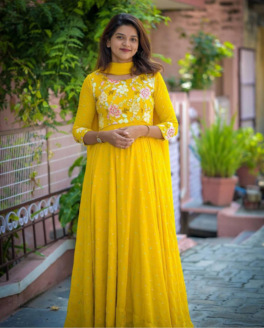 Glamorous Yellow Embroidered Georgette Haldi Wear Gown By WTW