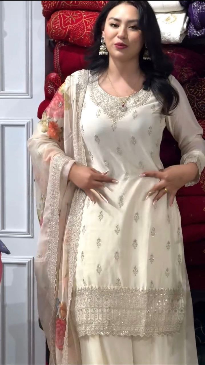 Classic White Color Chinnon Silk Embroidery Sequins Sharara Suit By WTW