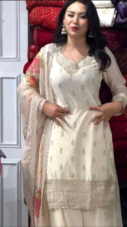 Classic White Color Chinnon Silk Embroidery Sequins Sharara Suit By WTW