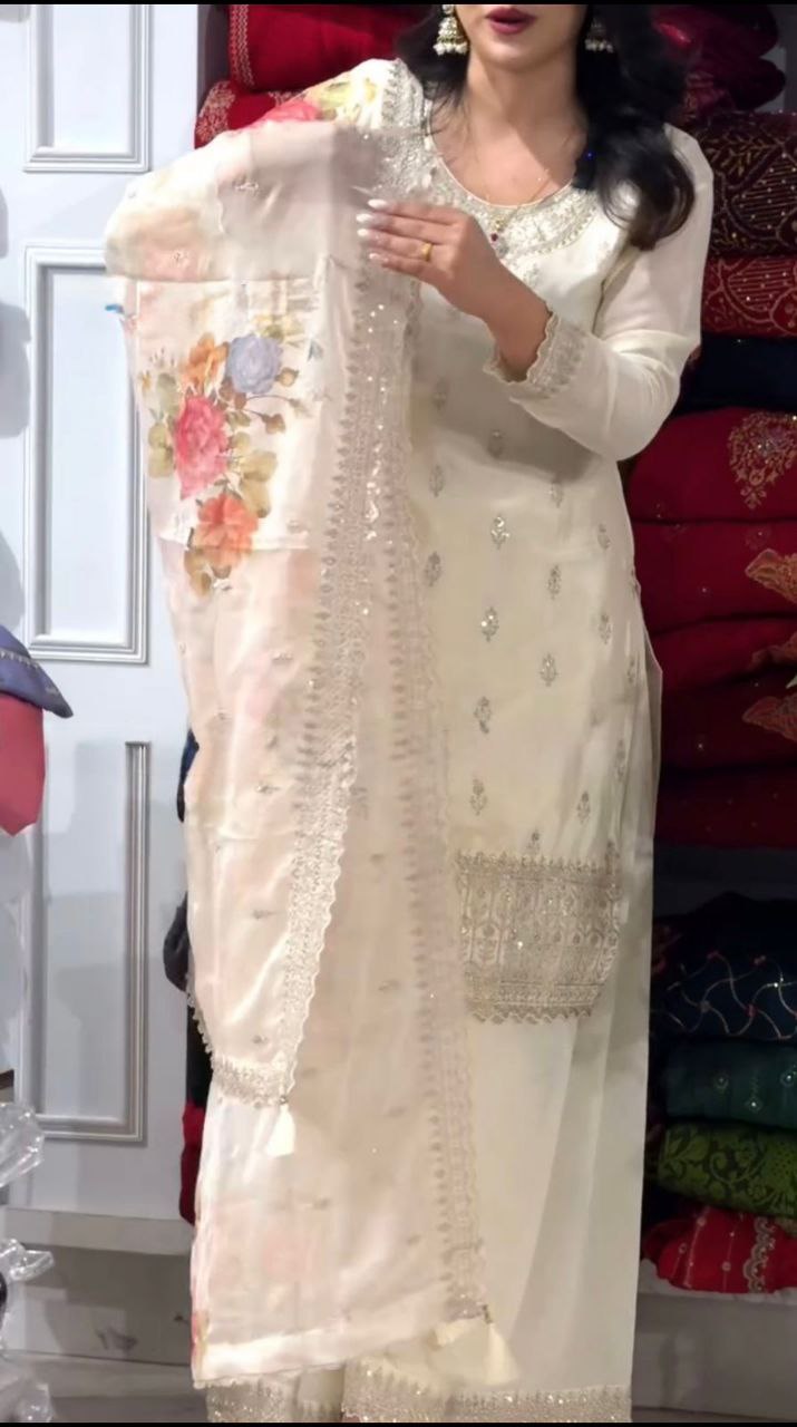 Classic White Color Chinnon Silk Embroidery Sequins Sharara Suit By WTW