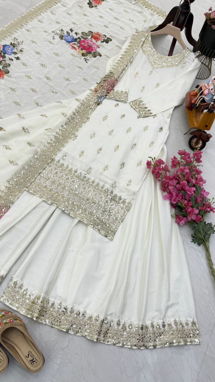 Classic White Color Chinnon Silk Embroidery Sequins Sharara Suit By WTW