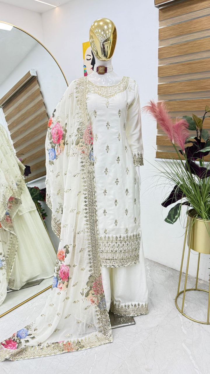 Classic White Color Chinnon Silk Embroidery Sequins Sharara Suit By WTW