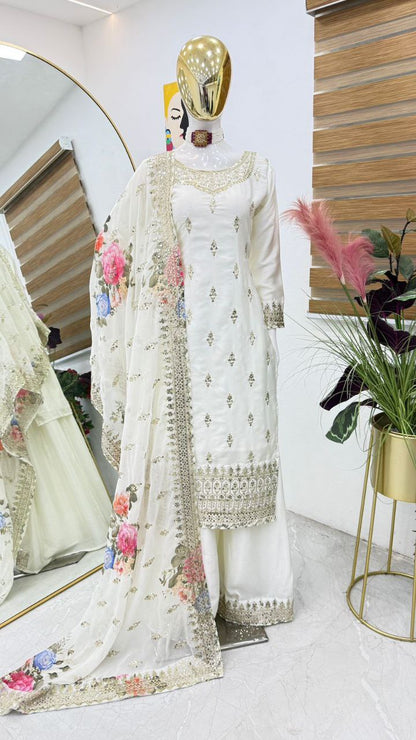 Classic White Color Chinnon Silk Embroidery Sequins Sharara Suit By WTW
