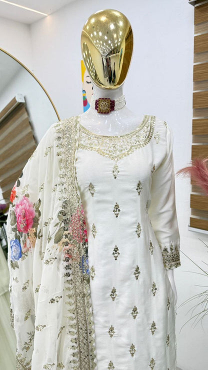 Classic White Color Chinnon Silk Embroidery Sequins Sharara Suit By WTW