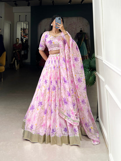 Baby Pink Color Lehenga Choli In Tabby Silk With Floral Print Readymade Lehenga By WTW