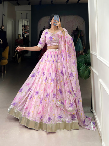 Baby Pink Color Lehenga Choli In Tabby Silk With Floral Print Readymade Lehenga By WTW