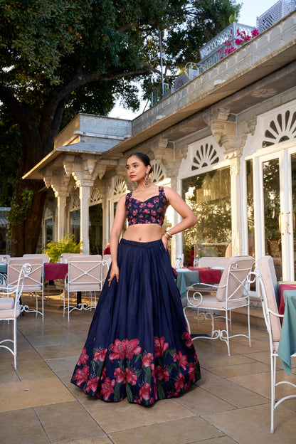 Navy Blue Pure Tussar Silk Lehenga Choli By WTW