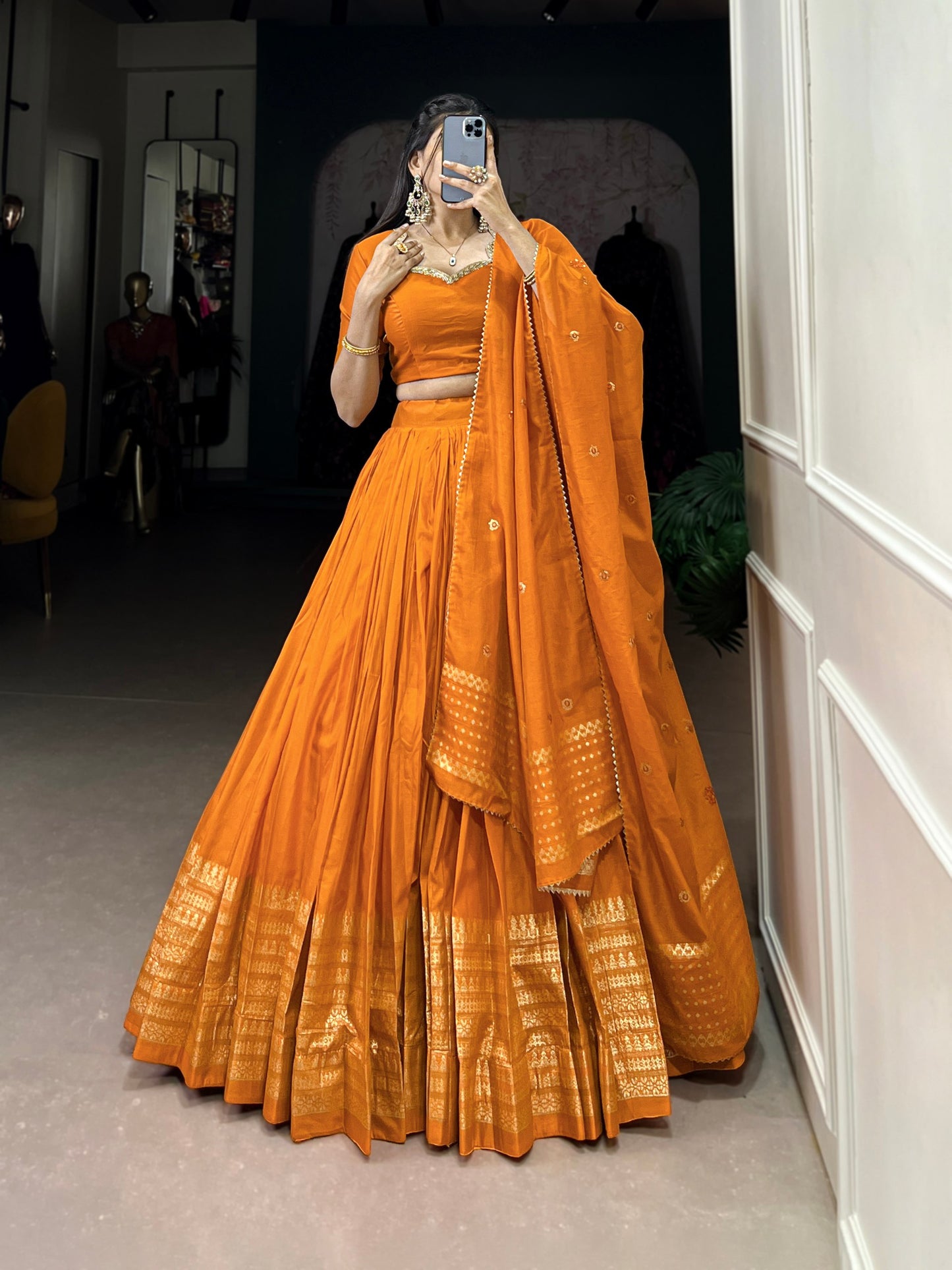 Orange Pure Chanderi Lehenga Choli By WTW