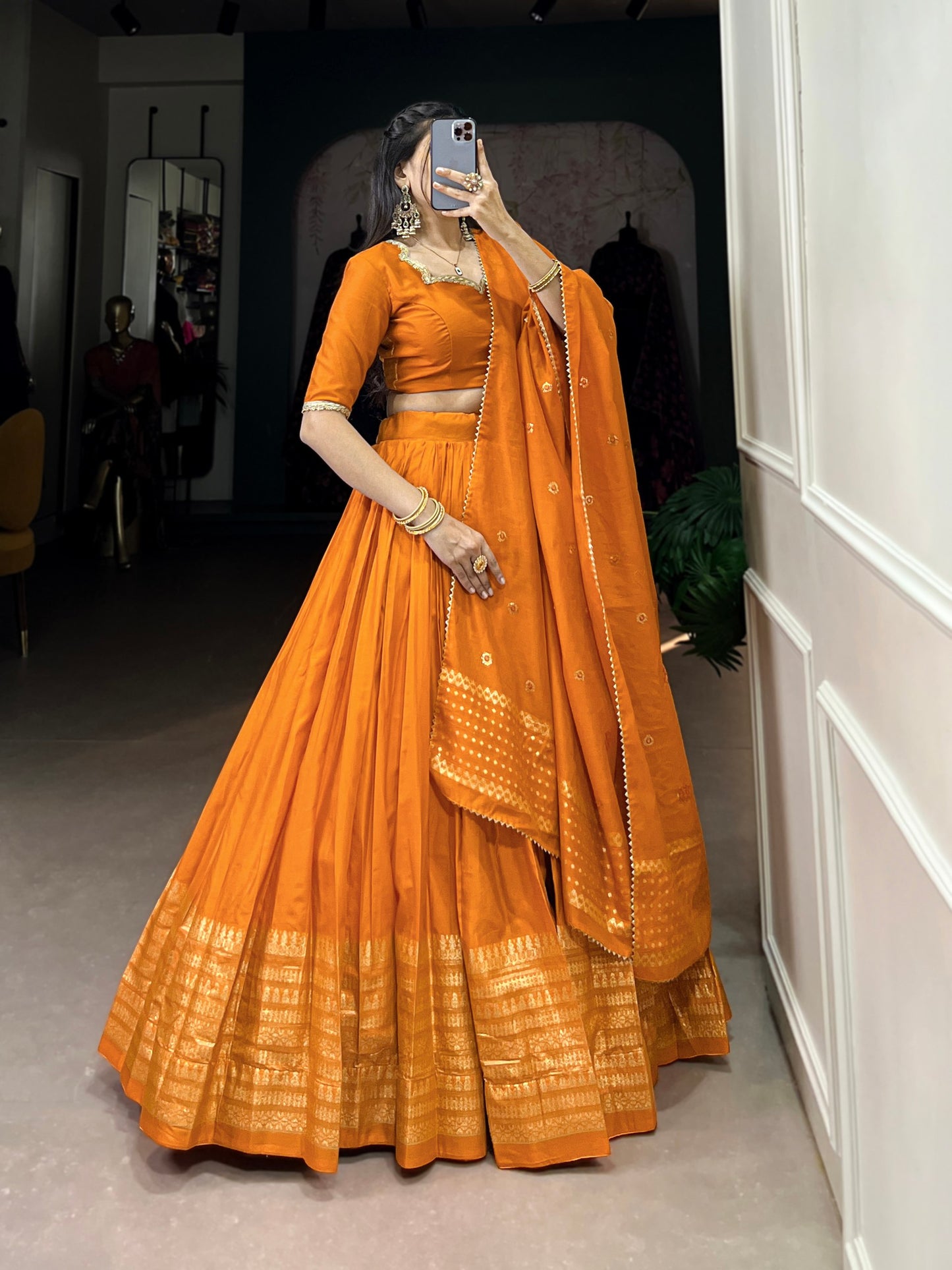 Orange Pure Chanderi Lehenga Choli By WTW