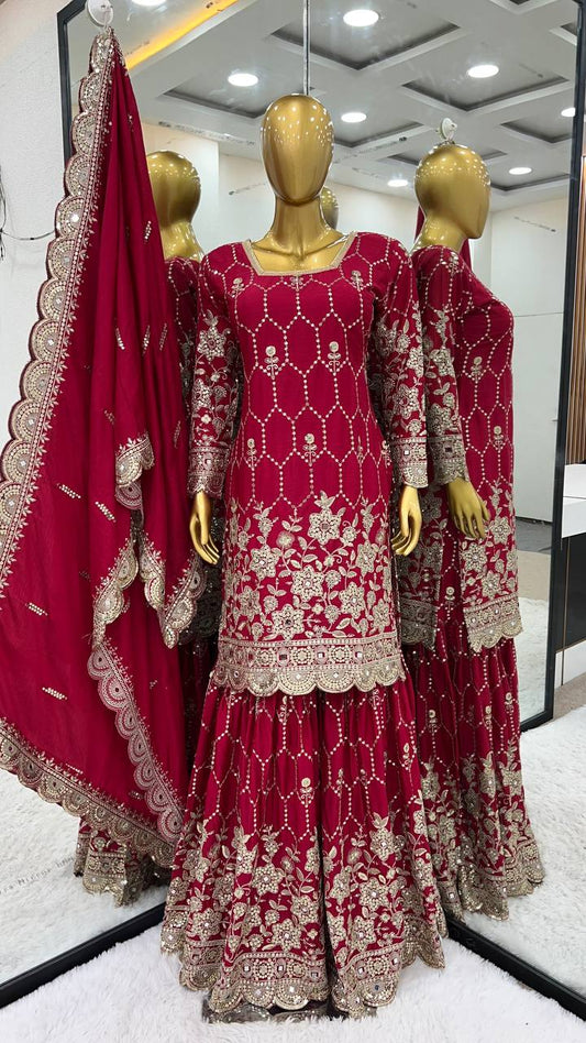 Stylish Red Color Chinnon Silk Embroidery Work Sharara Suit By WTW