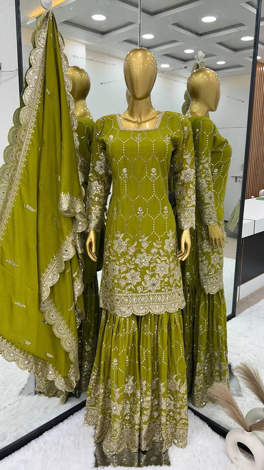 Stylish Green Color Chinnon Silk Embroidery Work Sharara Suit By WTW