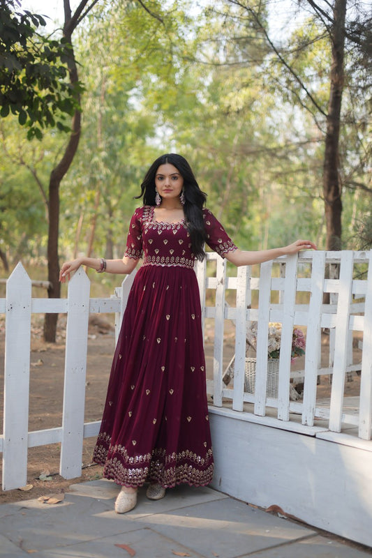 Wine Readymade Georgette Indian Dress By WTW