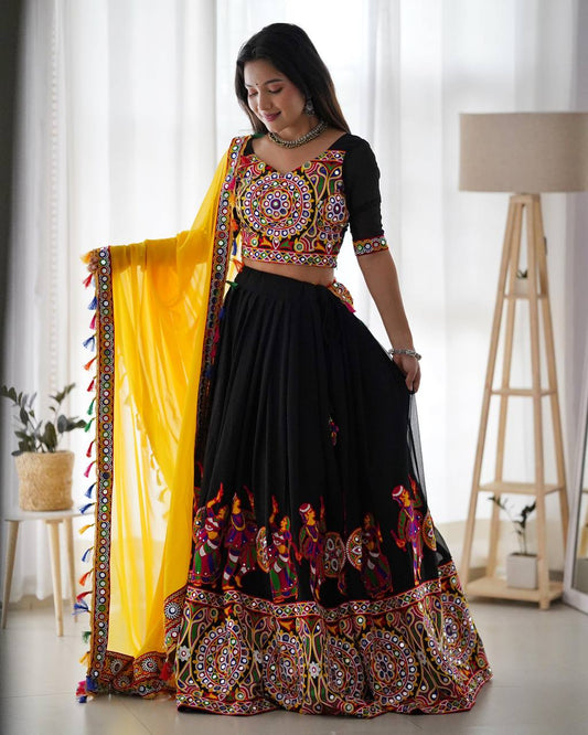 Black Faux Georgette Chain Stitch Embroidery Work Lehenga Choli By WTW