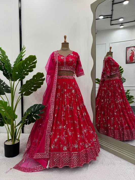 Wedding Wear Red Color Georgette Thread Sequence Work Lehenga Choli By WTW
