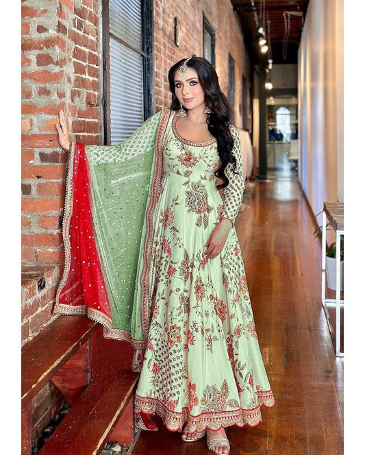 Pretty Green Color Georgette Embroidery Diamond Anarkali Suit By WTW