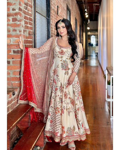 Pretty White Color Georgette Embroidery Diamond Anarkali Suit By WTW