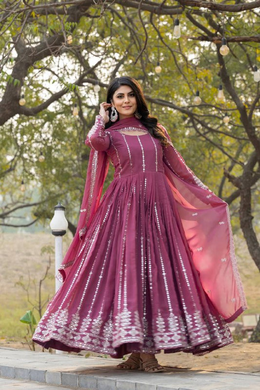 Dusty Pink Color Gown In Georgette With Sequence And Embroidery Work By WTW
