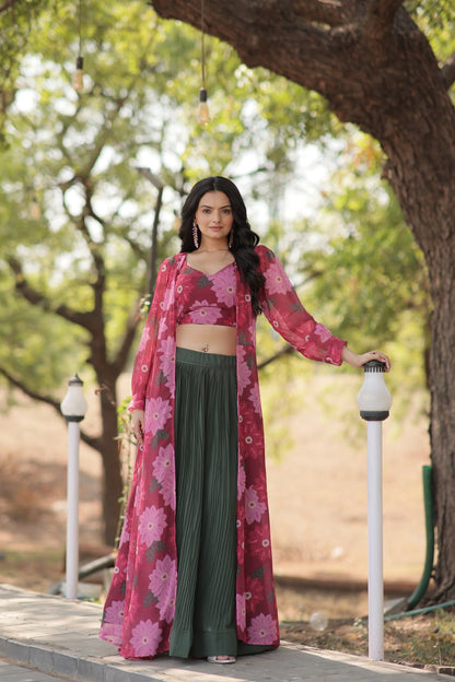 Excellent Green Georgette Festival Wear Crop Top Lehenga With Jacket By WTW