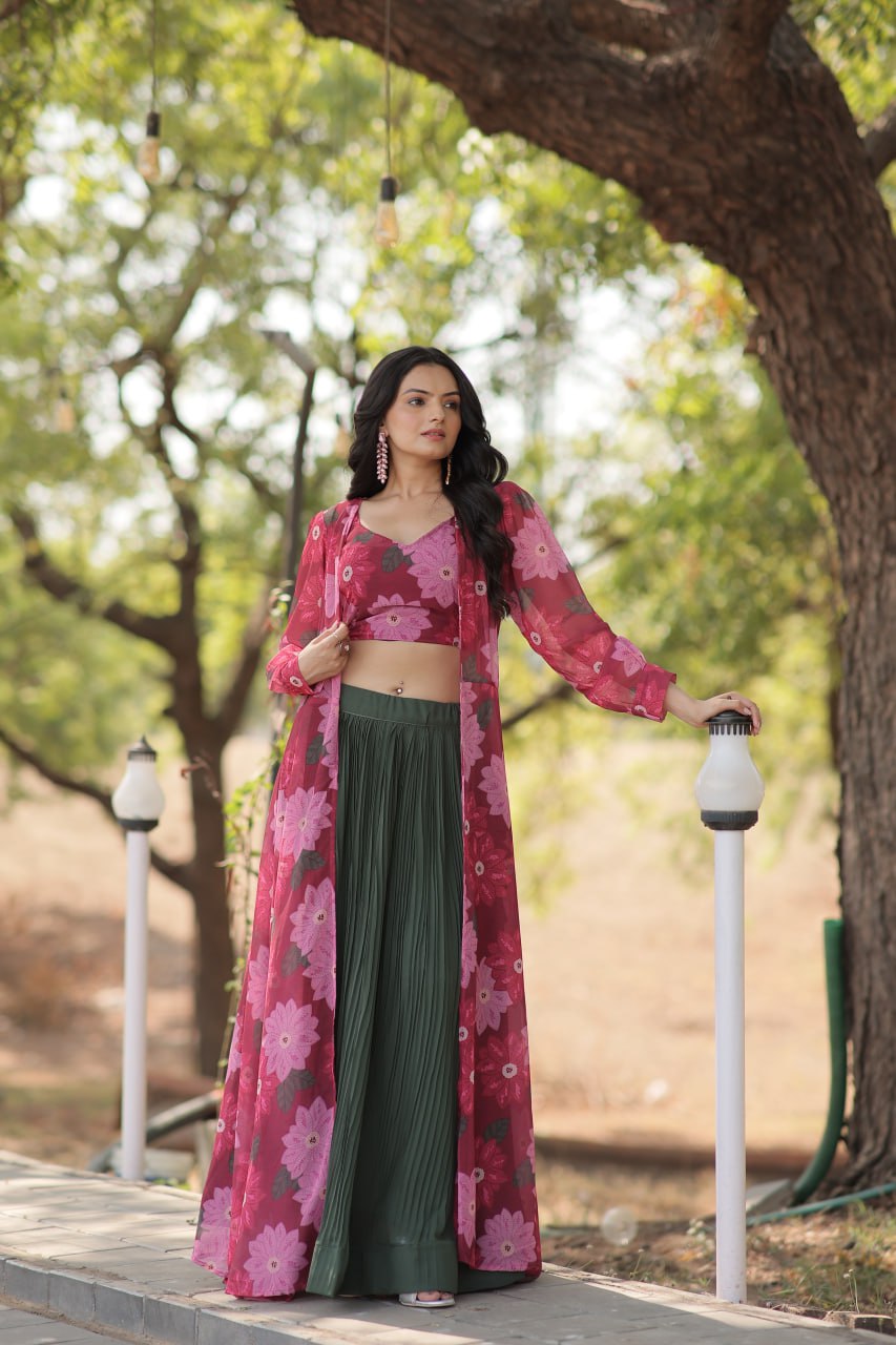 Excellent Green Georgette Festival Wear Crop Top Lehenga With Jacket By WTW