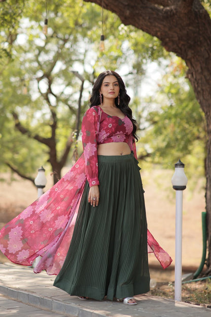 Excellent Green Georgette Festival Wear Crop Top Lehenga With Jacket By WTW