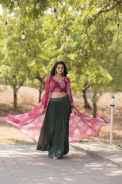 Excellent Green Georgette Festival Wear Crop Top Lehenga With Jacket By WTW