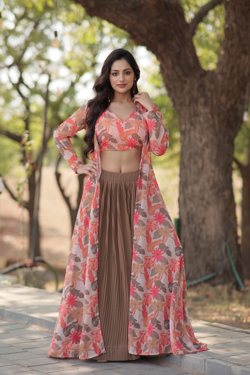 Beautiful Digital Flower Print Faux Georgette Lehenga Choli With Shrug Set By WTW