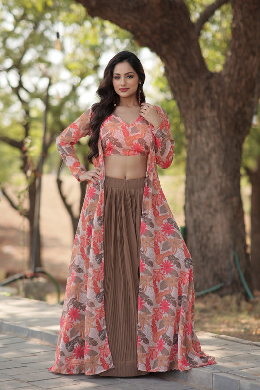 Beautiful Digital Flower Print Faux Georgette Lehenga Choli With Shrug Set By WTW