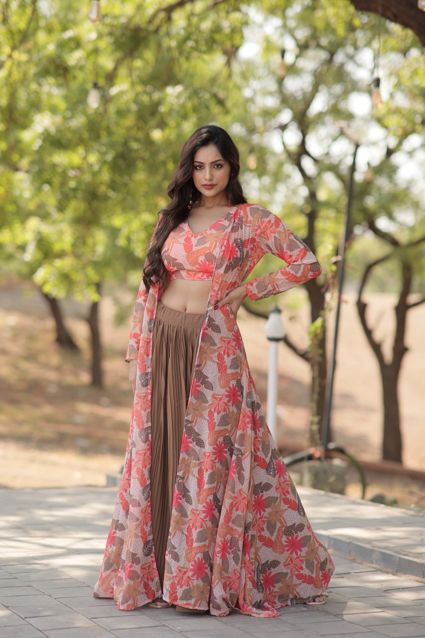 Beautiful Digital Flower Print Faux Georgette Lehenga Choli With Shrug Set By WTW